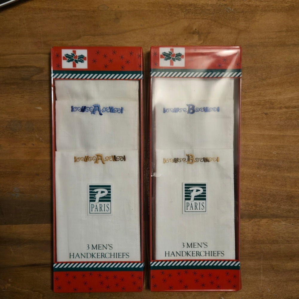 Paris Mens Handkerchiefs 2 Packs Monogrammed White Cotton Christmas Gift Set NEW